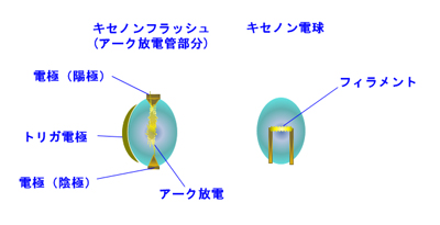 キセノンフラッシュの発光部分は、陽極、陰極の電極と電極ならなり、アーク放電によって発光する。これは、フィラメントに通電して白熱させる一般の電球とは異なる原理だ