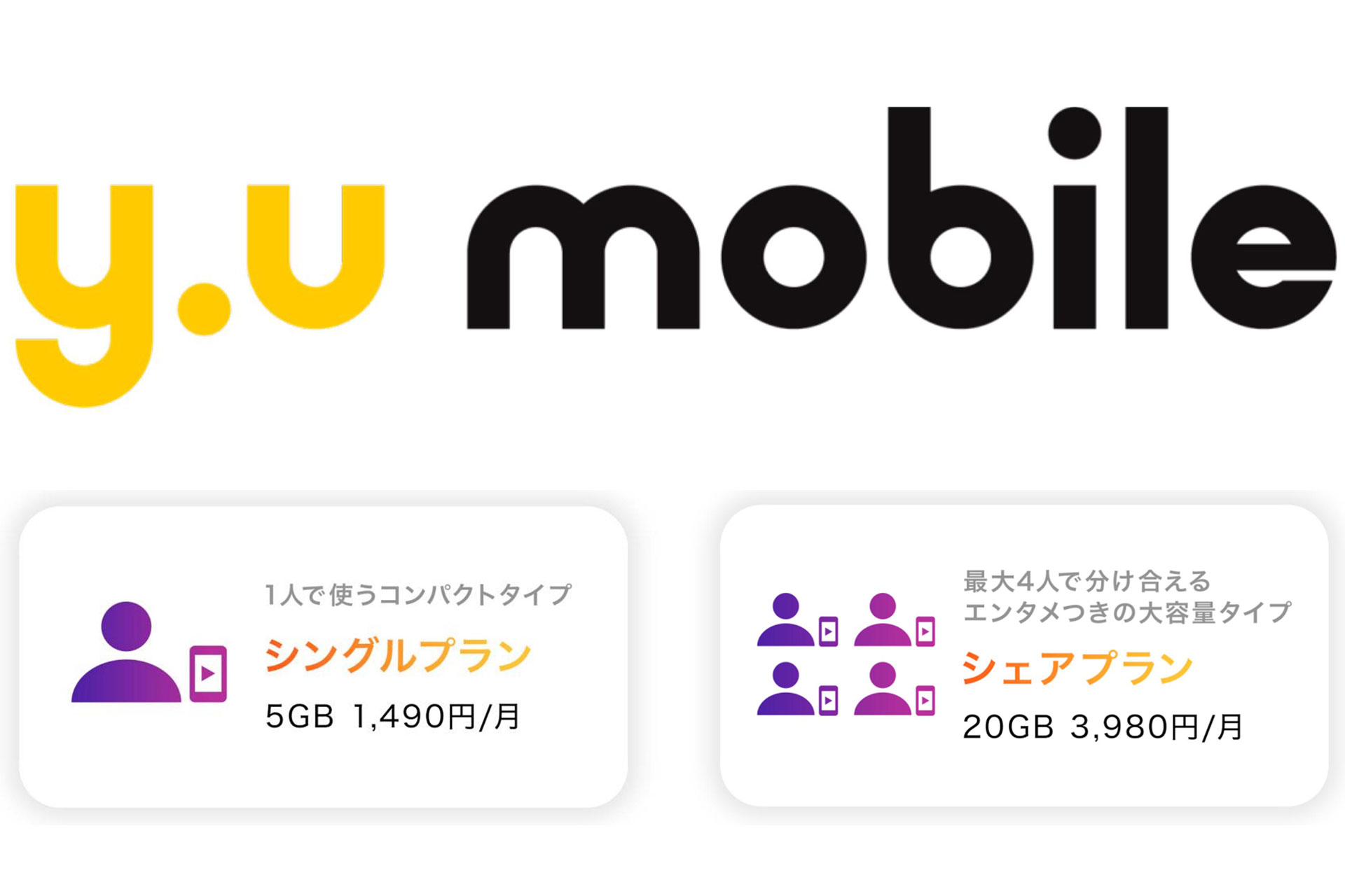 ユウユウ〜おまとめ　購入お値下げ　可能〜ページ y.u mobile』 プラン改定 シェアプラン(20GB)を2人で使うと1人あたり
