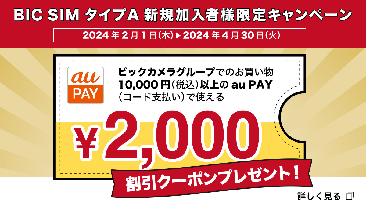 BIC SIM、タイプAを申し込むと2000円分クーポンもらえるキャンペーン