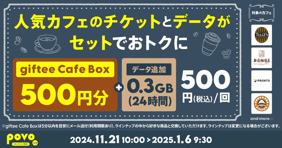 povo、「スタバやタリーズ、ブルーボトルなどのギフト券＋ギガ」500円