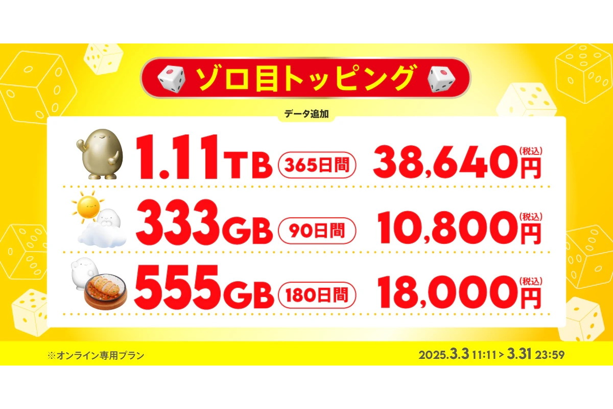 watoever　おまとめ割引 povoで“ゾロ目”の期間限定トッピング、1.11TBなど3種類をラインアップ
