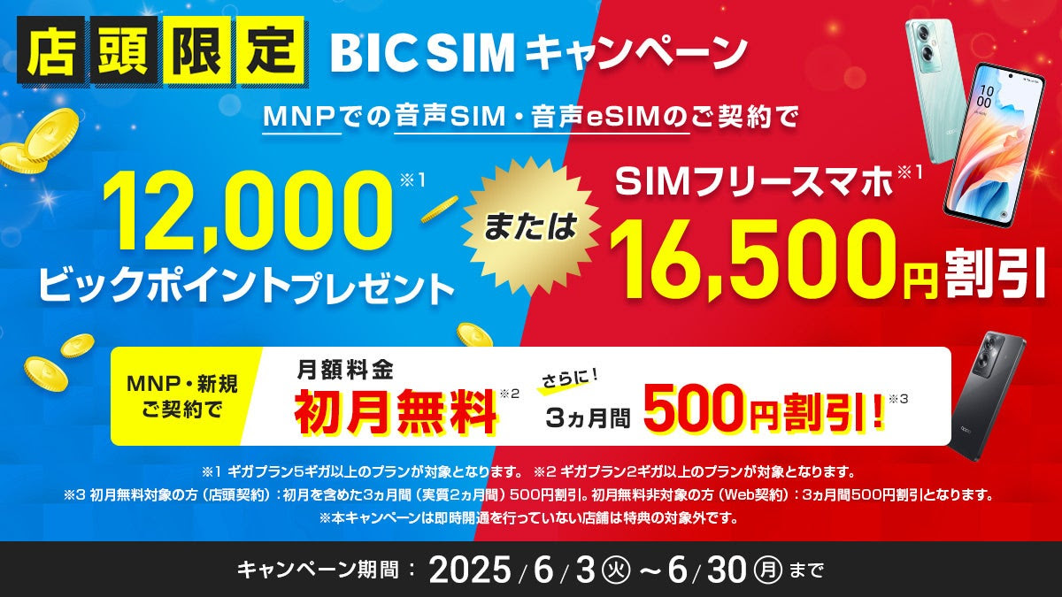 BIC SIMの店頭申込で最大1万6500円分の特典 抽選で家電プレゼントも BIC SIMの店頭申込で最大1万6500円分の特典 抽選で家電プレゼントも