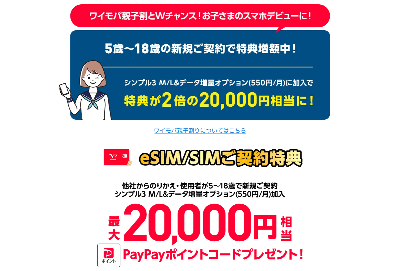 ワイモバイルがオンラインでのSIMのみ契約で最大2万円還元、U18は新規契約でも2万円還元