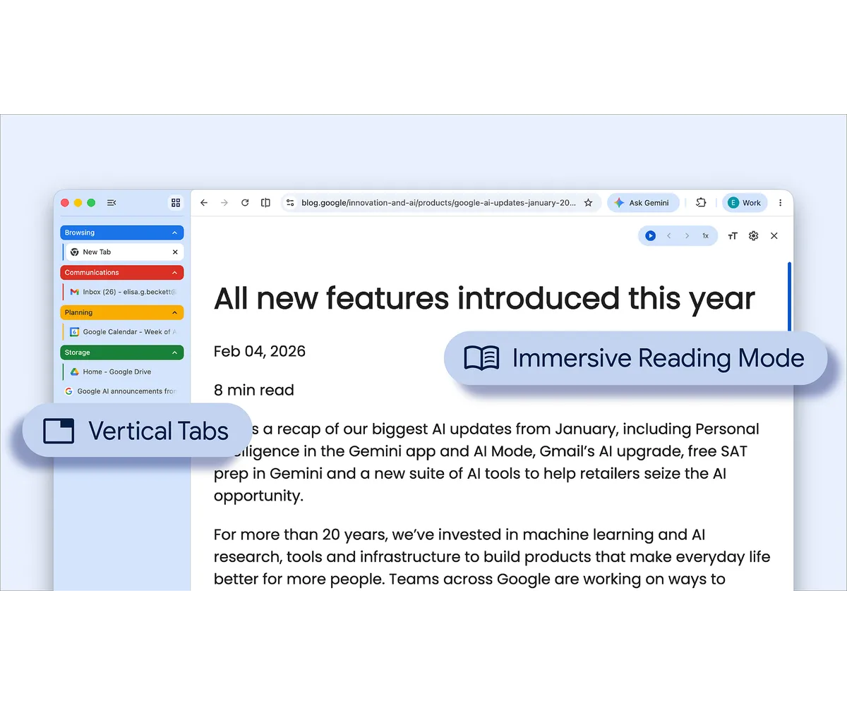 Google Chromeに新機能、タブの「縦置き」と全画面の「リーディングモード」
