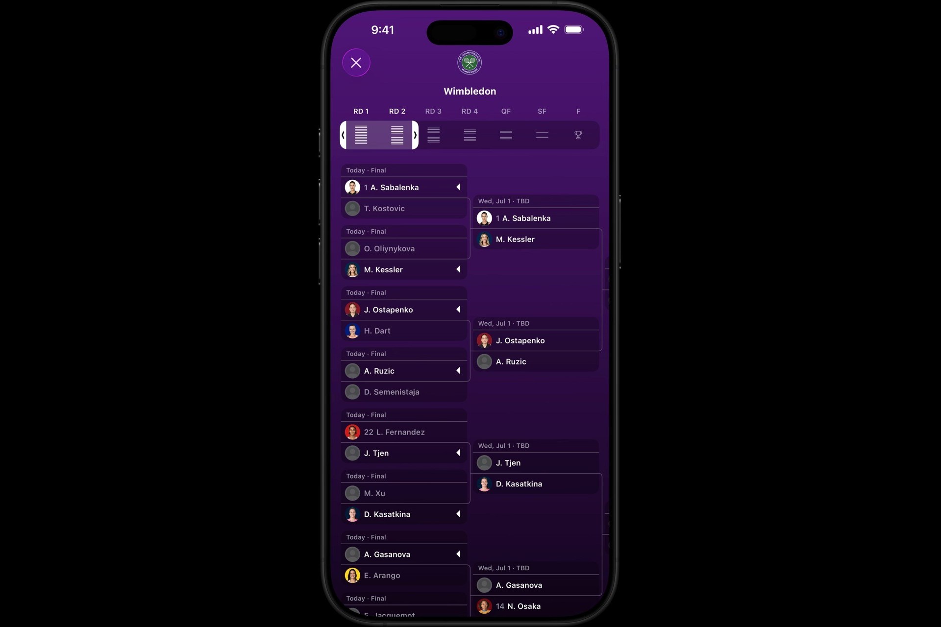 「Apple Sports」でウィンブルドンのトーナメント表を確認可能に